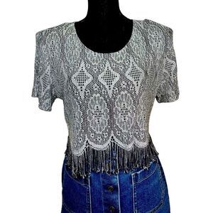 Shair Aide of CA Vintage Metallic Gold Black Lace Crop Top Fringe Hem Size 12
